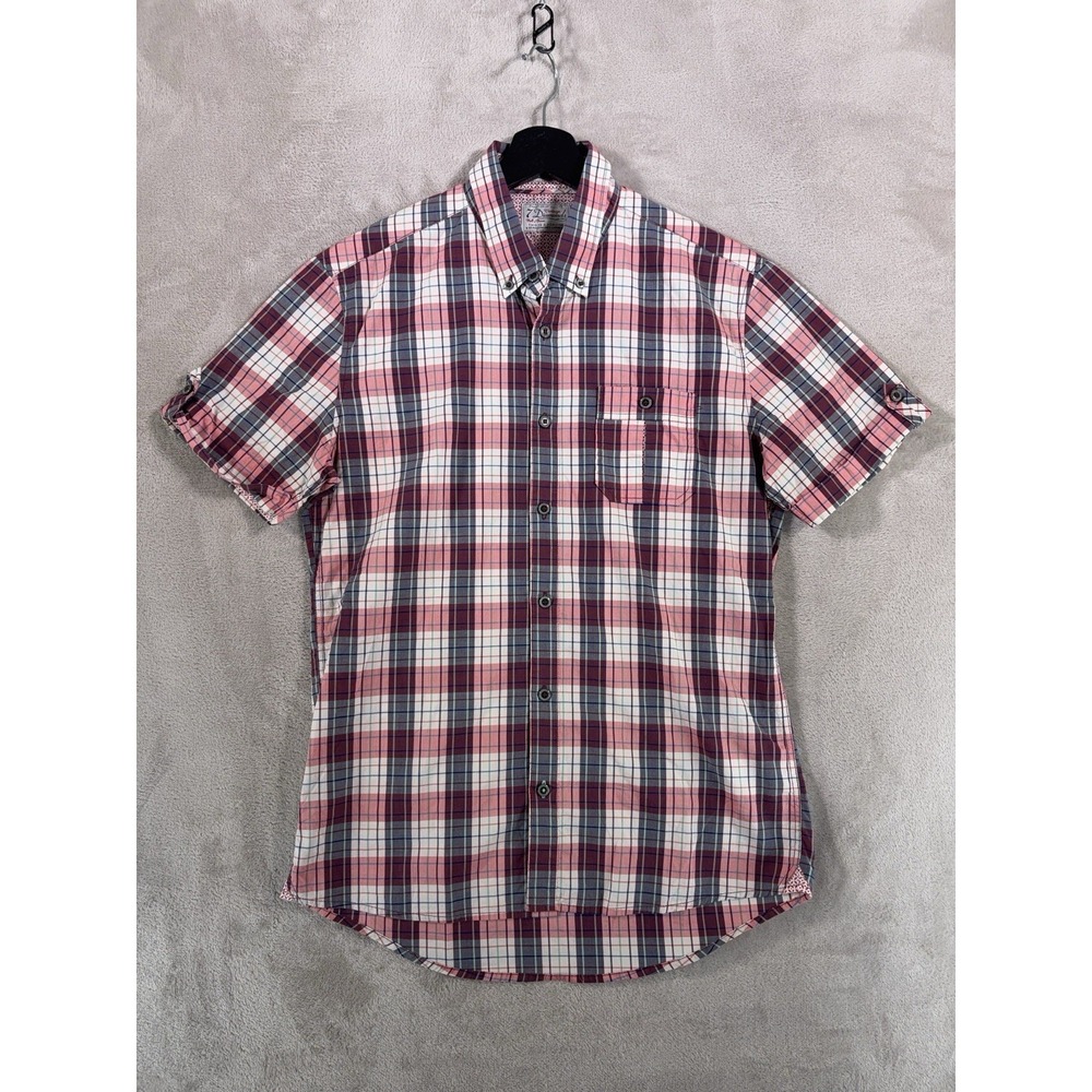 7 Diamonds Button Down Shirt Mens Small Multicolor Plaid Short Sleeve Cotton